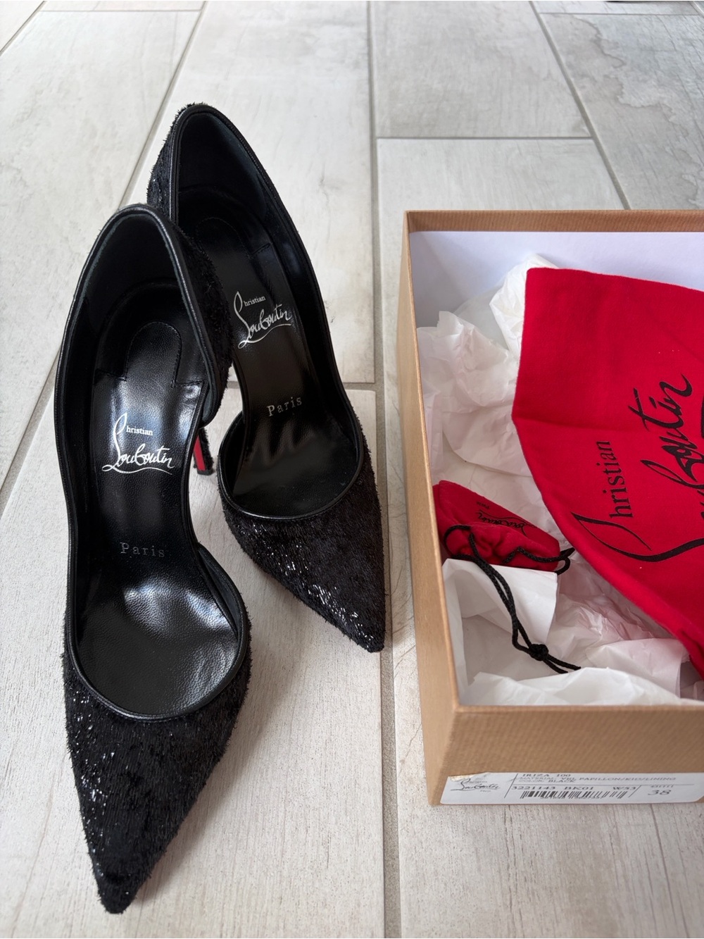 Christian Louboutin Iriza 100 Black Velvet Papillon Shimmer Pointed-Toe Pumps
